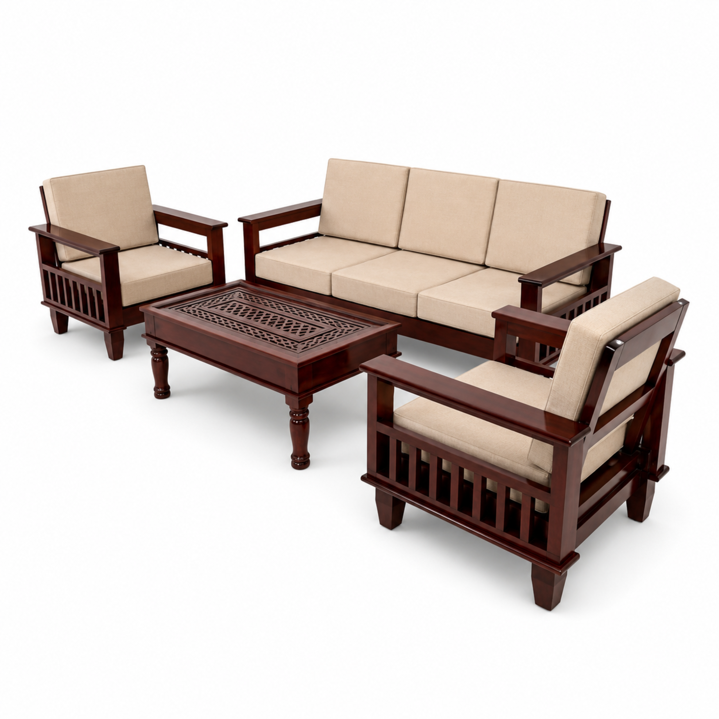 Heritage Solid Wood Sofa Set (3+1+1) with Center Table